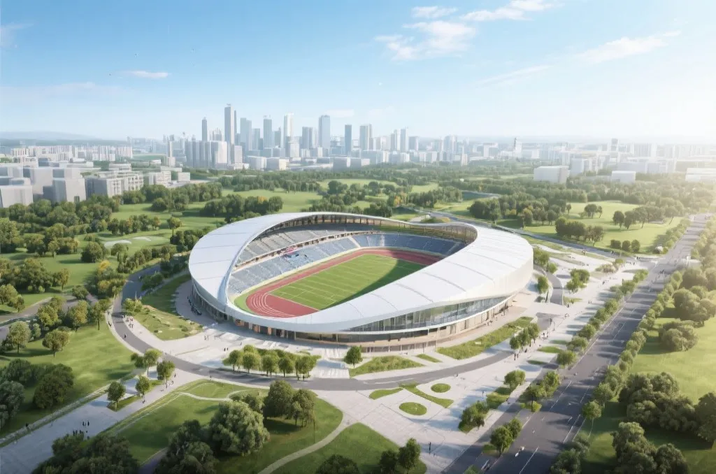 融合自然景观与现代设计的足球场俯瞰图